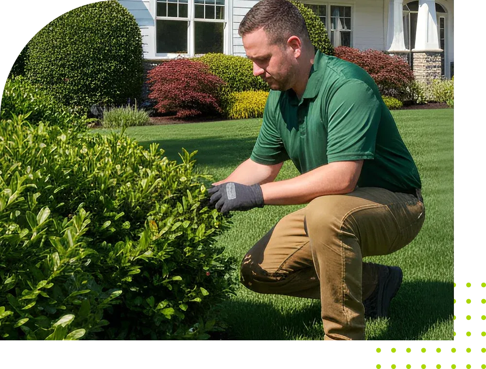 lawn technician inspecting shrubs